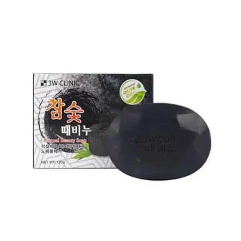 3W Clinic Charcoal Beauty Soap, a dark grey rectangular bar with embossed text on white.
