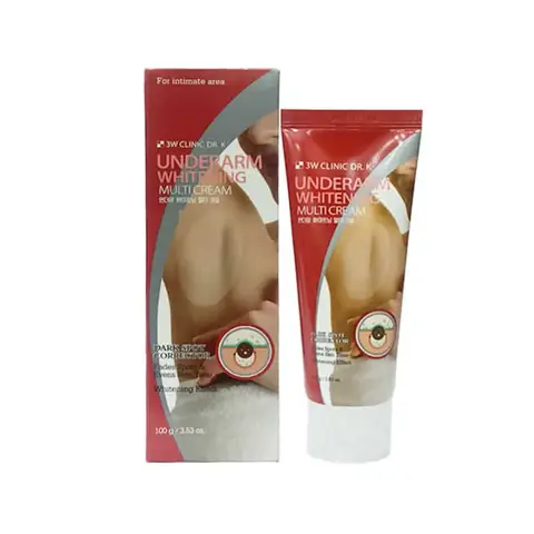 Front view of 3W Clinic DR. K Underarm Whitening Multi Cream 100gm white tube packaging, upright.