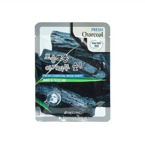 Upright 3W Clinic Fresh Charcoal Sheet Mask in sleek black packaging with refreshing green accents.