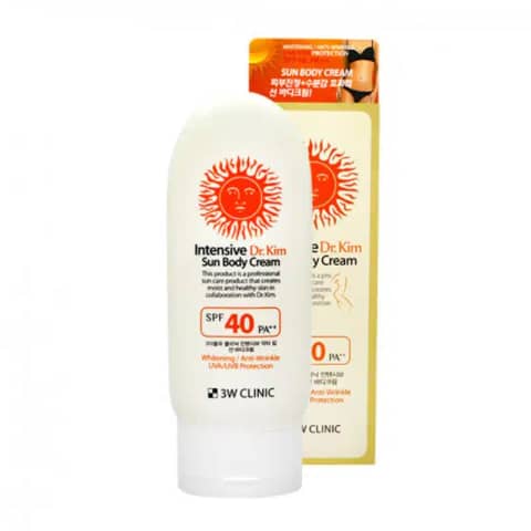 3W Clinic Intensive Sun Body Cream SPF 40PA++ white tube stands upright, displaying front branding.