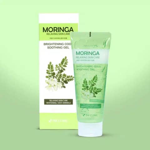 3w Clinic Moringa Brightening Cool Soothing Gel 160ml, clear jar with green lid, front view.