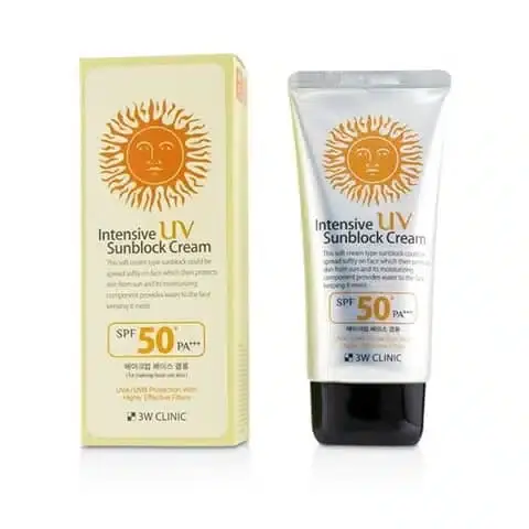 White 3W Clinic UV Sunblock Cream tube, SPF 50+ PA+++, 70ml, standing upright on a clean white surface.