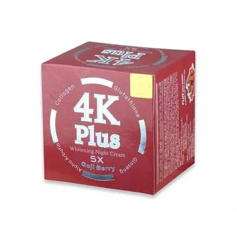 Front and side view of 4K Plus Goji Berry Night Cream, a white jar with a golden cap and vibrant berry label.