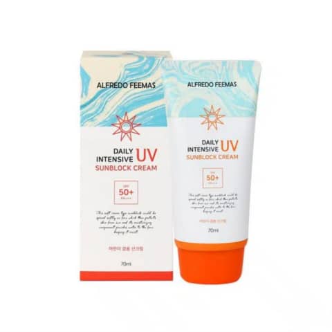 Alfredo Feemas Daily UV Intensive Sunblock Cream 70ml, white tube with black cap, front view.