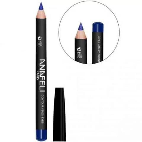 Anafeli Paris 03 Blue Kajal pencil, clearly showing its vibrant blue tip and a swatch on white.