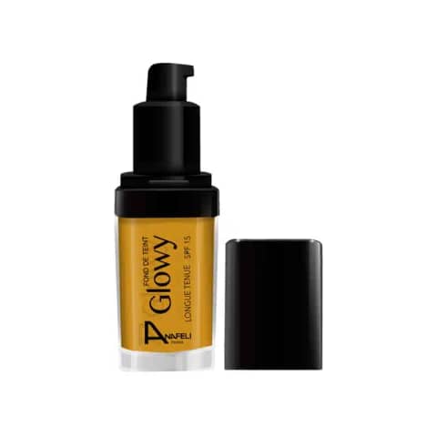 Full view of Anafeli Paris Glowy Foundation 07 clear bottle with gold pump cap, SPF 15.
