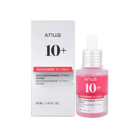 Anua Niacinamide 10% TXA 4% serum bottle, clear glass with green label, showing dropper.