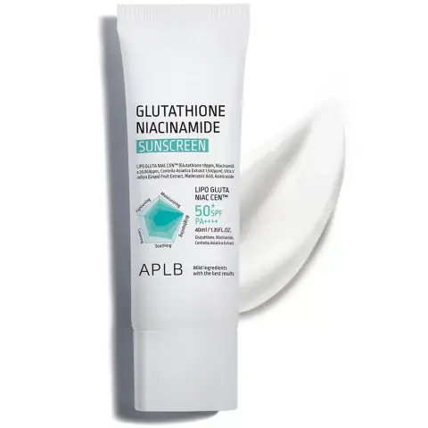 APLB Glutathione Niacinamide Sunscreen 40ml, white tube with blue gradient design, standing upright.