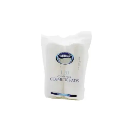 Athena Beaute 120pcs white cotton pads packaging with blue top and delicate pink floral design.