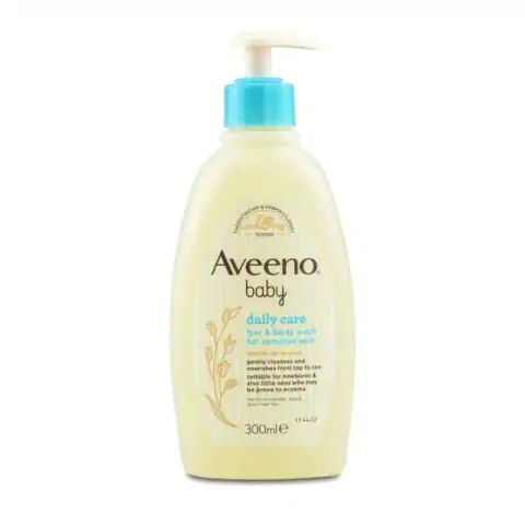 Aveeno Baby Daily Care Hair & Body Wash, 300ml, upright white bottle with blue cap.