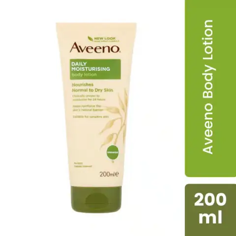 Front view of Aveeno Daily Moisturising Body Lotion 200ml, classic beige bottle, green flip cap.