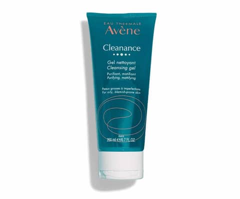 Upright Avene Cleanance Cleansing Gel 200ml, transparent blue-green bottle with white pump.