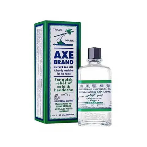 Axe Brand Universal Oil 56ml in clear glass bottle with red-white label, upright.