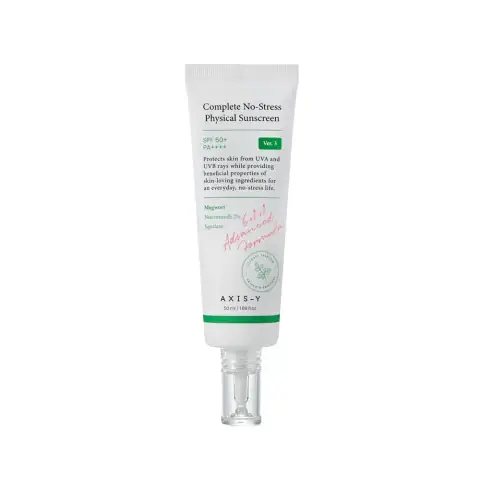 Axis-y Complete No-Stress Physical Sunscreen 50ml in a white tube with green cap standing upright.