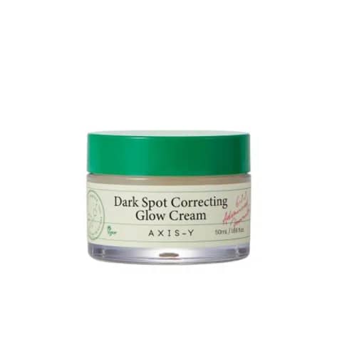 Axis-y Dark Spot Correcting Glow Cream in white jar with green cap, clear front view.