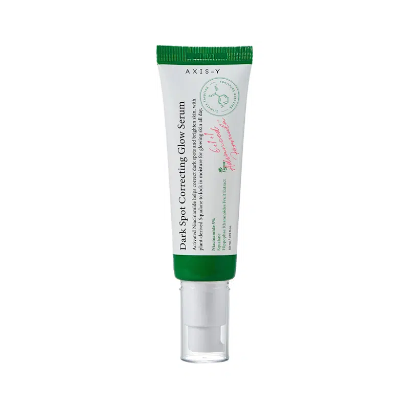 Axis-y Dark Spot Correcting Glow Serum 50ml, clear bottle with white dropper, full front view.