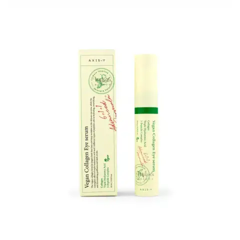 Front view of Axis-y Vegan Collagen Eye Serum 10ml bottle and sleek packaging box.
