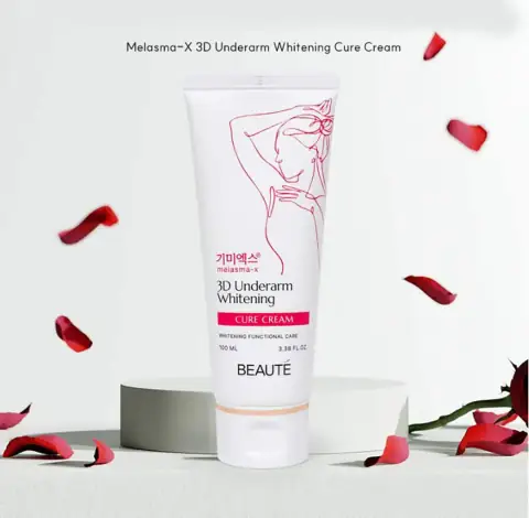 White Beaute Melasma-X 3D Underarm Whitening Cure Cream 100ml tube with a purple cap, angled.