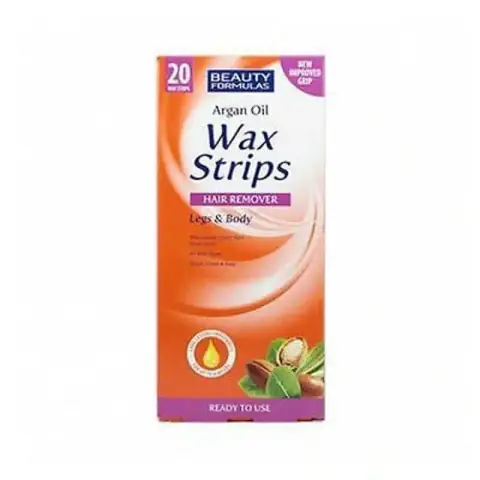 Beauty Formulas Argan Oil Wax Strips hair remover, displayed in its distinctive purple and gold retail box.