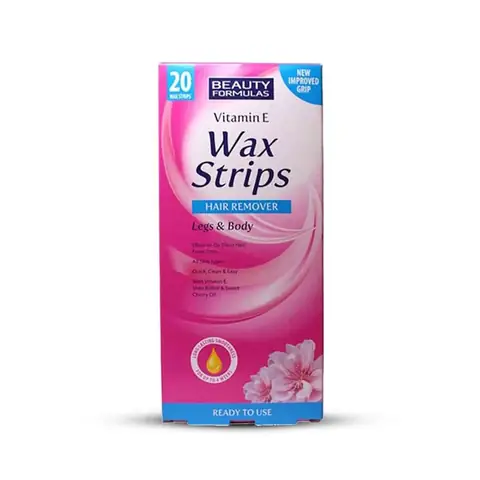 Front view of the white and green Beauty Formulas Vitamin E Wax Strips 20 Pcs box.