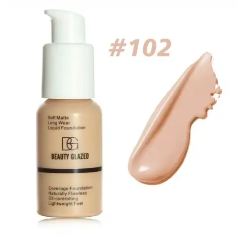 Beauty Glazed Waterproof Nude 102 foundation, 30ml, in clear glass bottle with black pump.