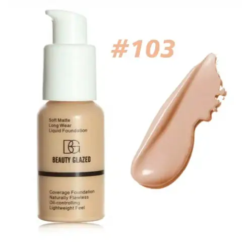 Beauty Glazed Waterproof Warm Peach 103 foundation in a clear glass bottle with a black pump.