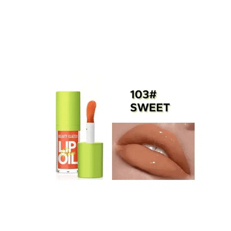 Beauty Glazed Glow Lip Oil Sweet 103 in a clear tube with peachy tint, cap on, standing upright.