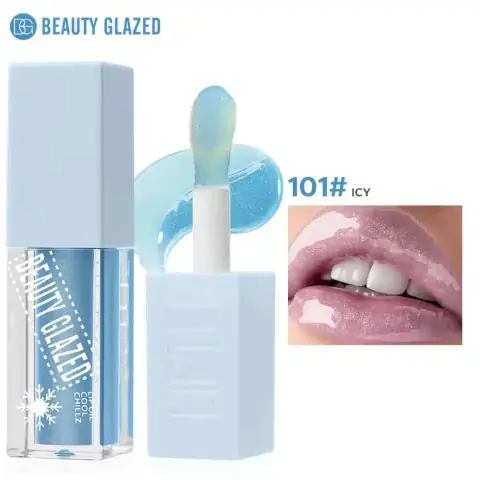 Beauty Glazed Lip Oil Cool Chillz 101 Icy, clear tube with silver cap, upright on white.