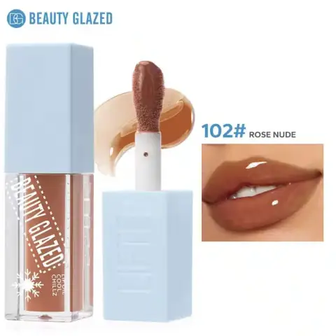Beauty Glazed Lip Oil Cool Chillz 102 Rose Nude in transparent tube, showing applicator inside.