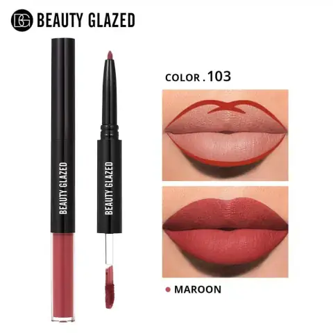 Full upright view of Beauty Glazed 2-in-1 matte maroon lipstick and lipliner with cap off.