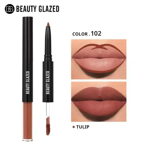 Beauty Glazed 2-in-1 matte lipstick and lipliner Tulip 102 combo standing together.