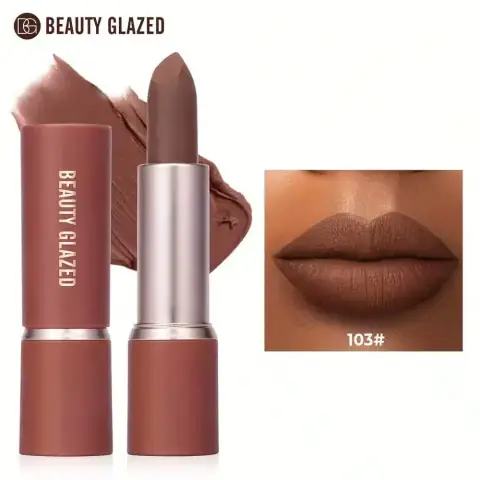 Beauty Glazed Modern Matte Long Lasting Lipstick #103 in its sleek black and gold packaging, standing upright.