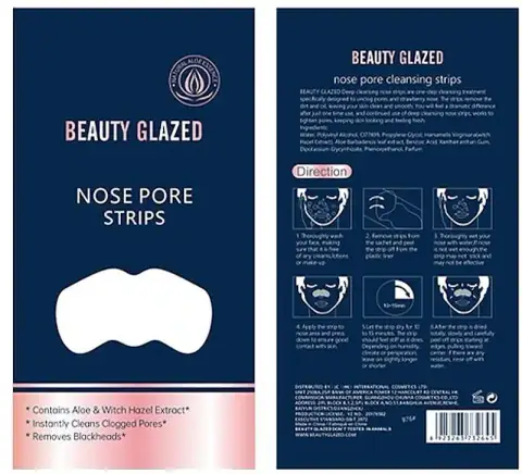 Beauty Glazed Nose Strip Blackheads Remover sachet, black packaging with white text and red logo.