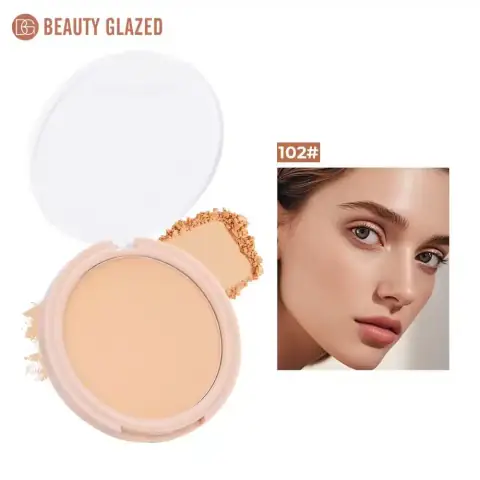 Beauty Glazed Soft Focus Pressed Powder compact 102 in a sleek black case, angled on white background.