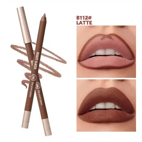 Angled Beauty Glazed B112 Latte waterproof lip liner pencil with cap on, showcasing branding.