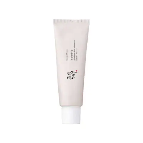 Beauty Of Joseon Rice + Probiotics SPF 50+ PA++++ sunscreen tube, white with gold text, standing upright.
