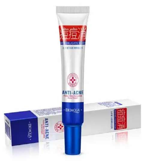 Bioaqua Anti-Acne Skin Delicate Silky white and blue tube standing upright on white background.