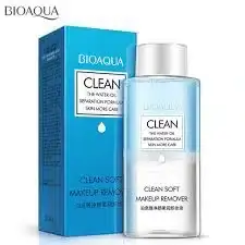 Bioaqua Clean Soft Makeup Remover transparent bottle with white pump dispenser, standing upright.