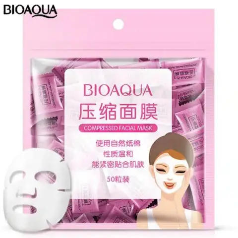 Bioaqua 50pcs compressed white facial tablet masks displayed in clear packaging jar.