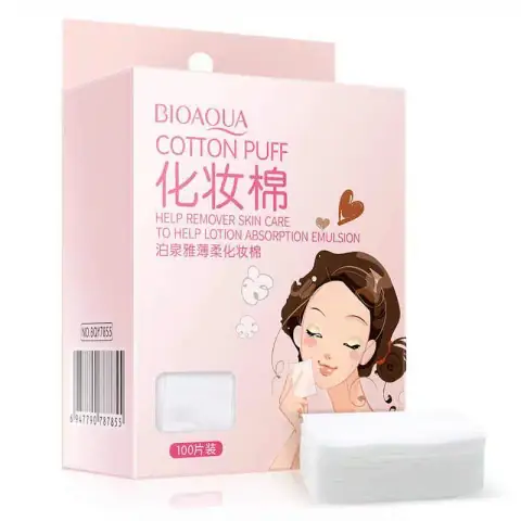 Bioaqua white Cotton Puff box with clear window, showing soft facial pads for gentle skincare.