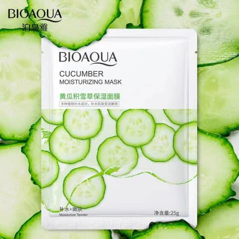 Front view of Bioaqua Cucumber Moisturizing Sheet Mask, 25g pack, with refreshing cucumber illustration.