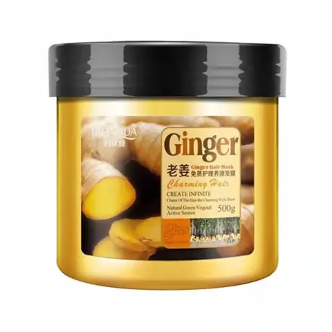 Upright Bioaqua Ginger Hair Mask 500g in a white tub with golden lid, showing ginger label.
