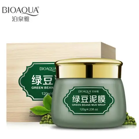 Bioaqua Green Beans Mud Mask in a vibrant green and white jar with a golden band.