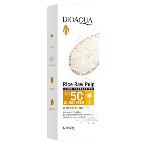 Bioaqua Rice Raw Pulp Sunscreen SPF 50+ tube and its white-green protective packaging box displayed.