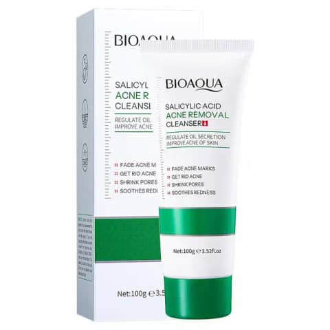 Bioaqua Salicylic Acid Acne Cleanser 100g white tube with purple cap, front view.