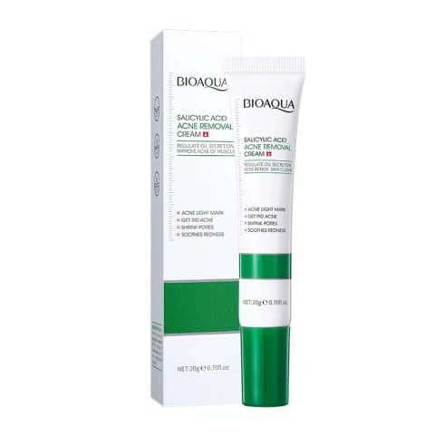 Bioaqua Salicylic Acid Acne Removal Cream 20g tube, white with blue branding, standing upright.
