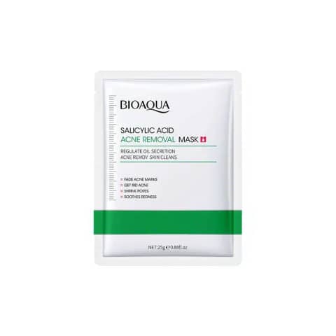 Bioaqua Salicylic Acid acne removal sheet mask sachet, front view with white and green packaging.
