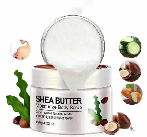 Bioaqua Shea Butter Moisturize Body Scrub in a white tub with a golden lid, front view.