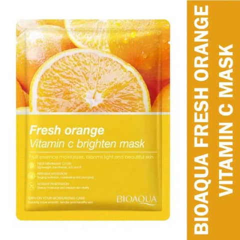 Bioaqua Vitamin C Brighten Sheet Mask in orange and yellow packaging, featuring an orange slice design.