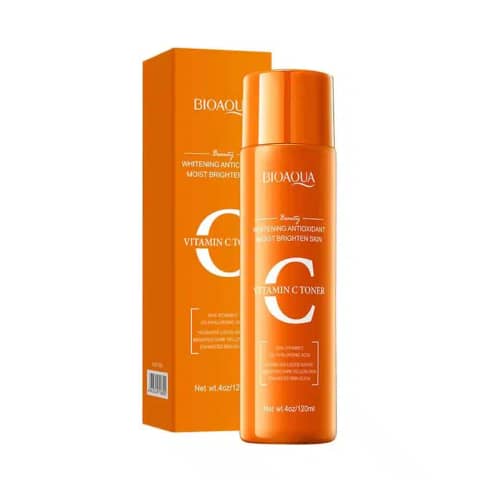 Upright Bioaqua Vitamin C Whitening Face Toner 120ml bottle, clear, featuring a bright orange label.